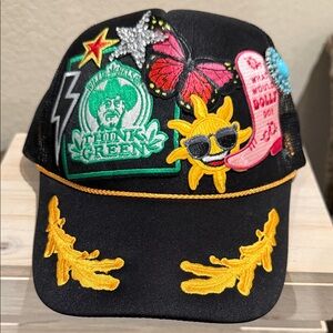Embroidered Black Cap with Willy and Dolly Patches with Embellishments